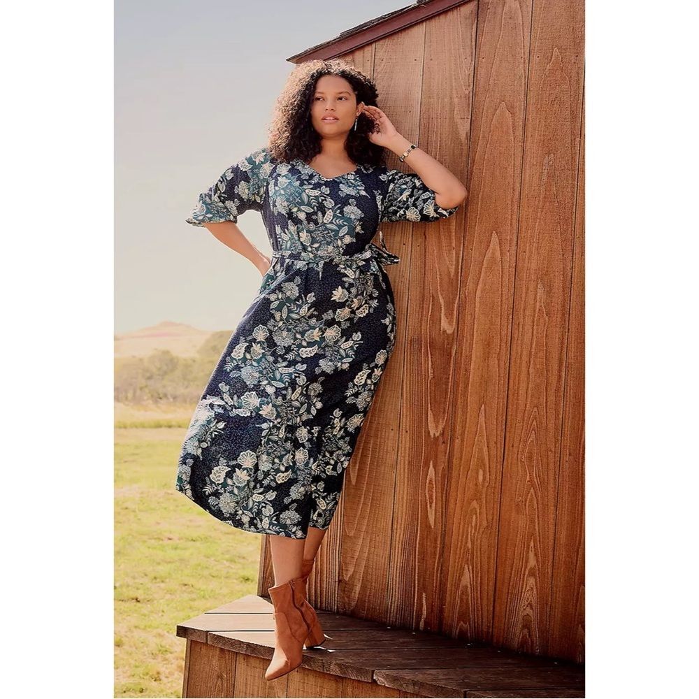 Lane Bryant Navy Teal Floral Midi Dress 18 Plus Size NEW Tie Waist 3/4 Sleeves